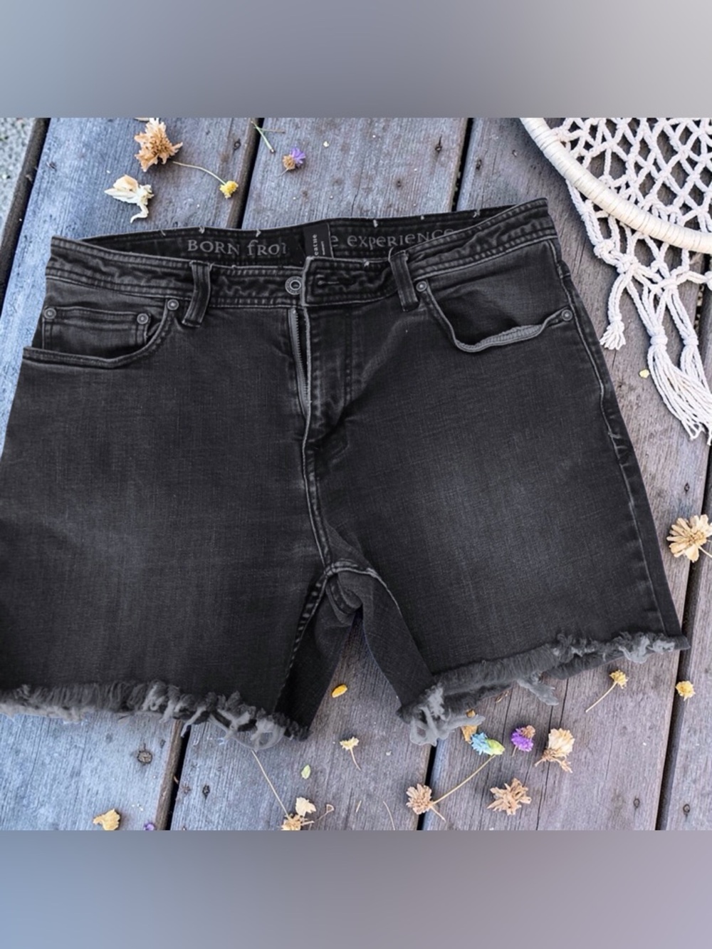 Prana black denim shorts cutoff W34 Raw Hem Very Good Condition
